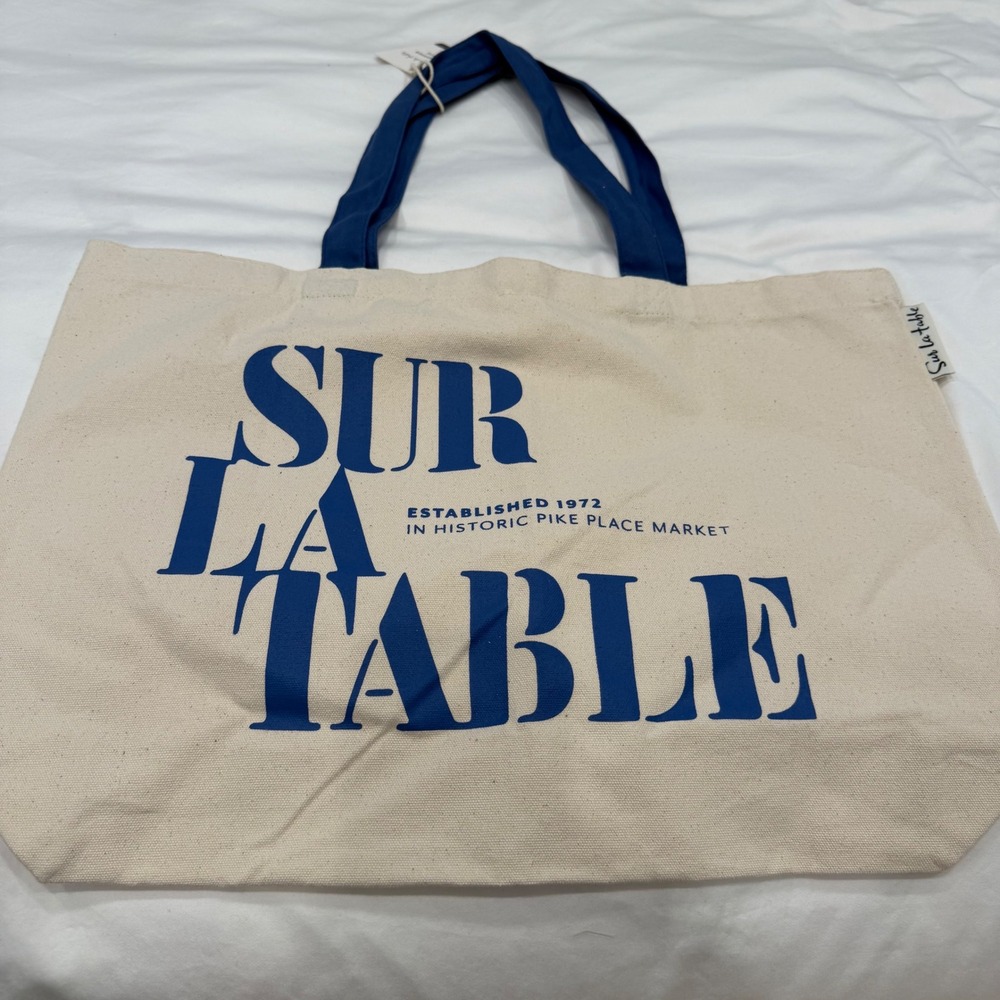 Sur La Table Shopper Tote Canvas Bag Pike Place Market Cream Blue NWT - Picture 8 of 11